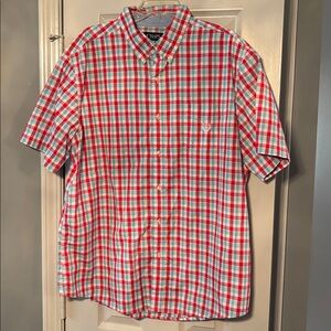 Chaps Easy Care Short Sleeve Button Down Red & Teal Blue Plaid Shirt